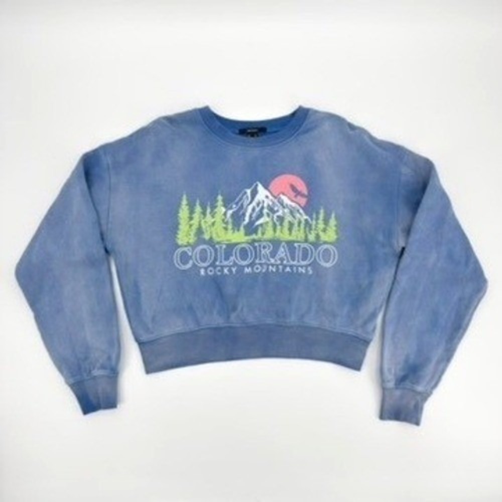Forever 21 Colorado Rocky Mountains Graphic Cropped Sweatshirt Blue Womens M